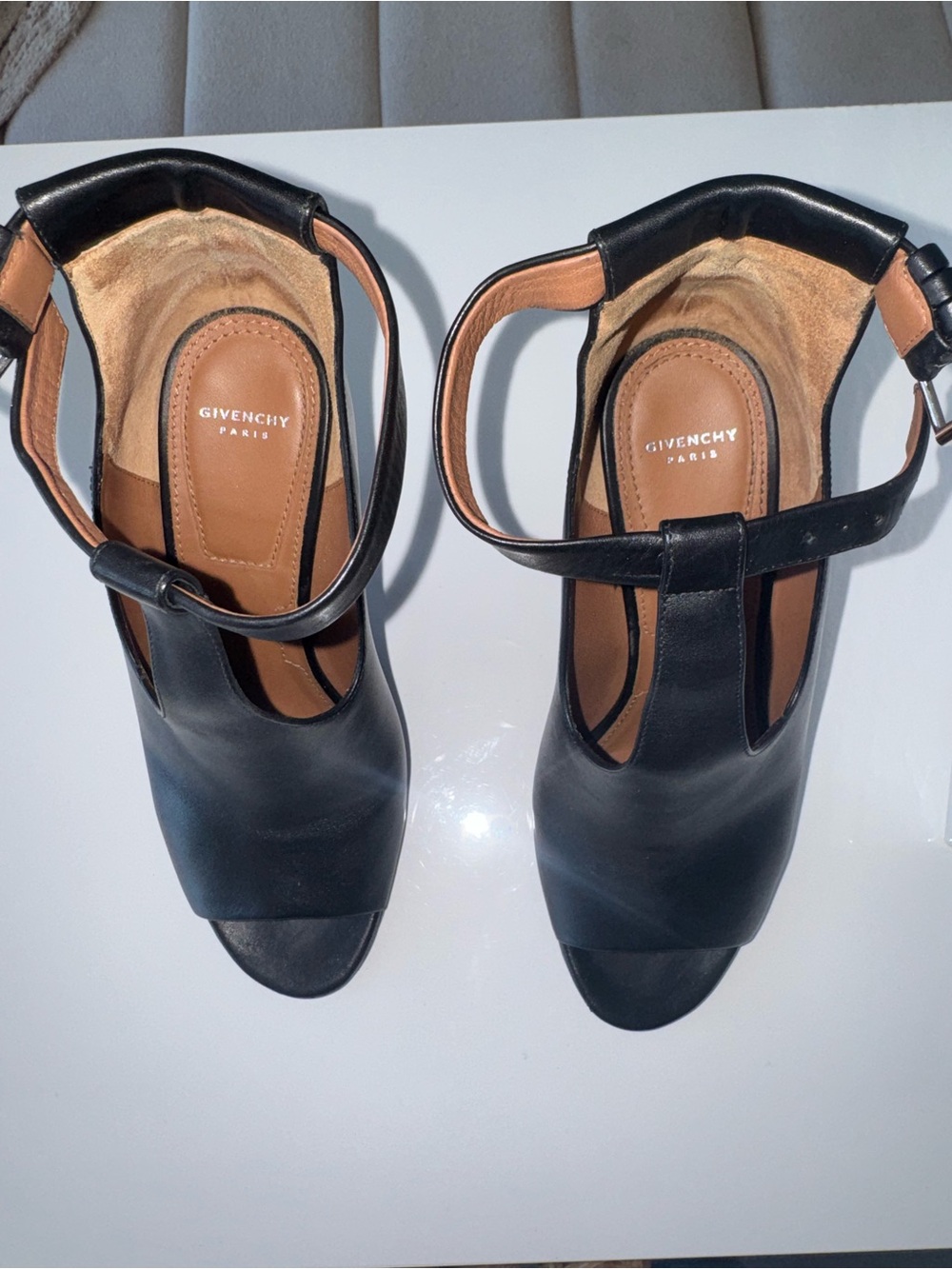 Givenchy Black Leather T-Strap Peep-Toe Heels